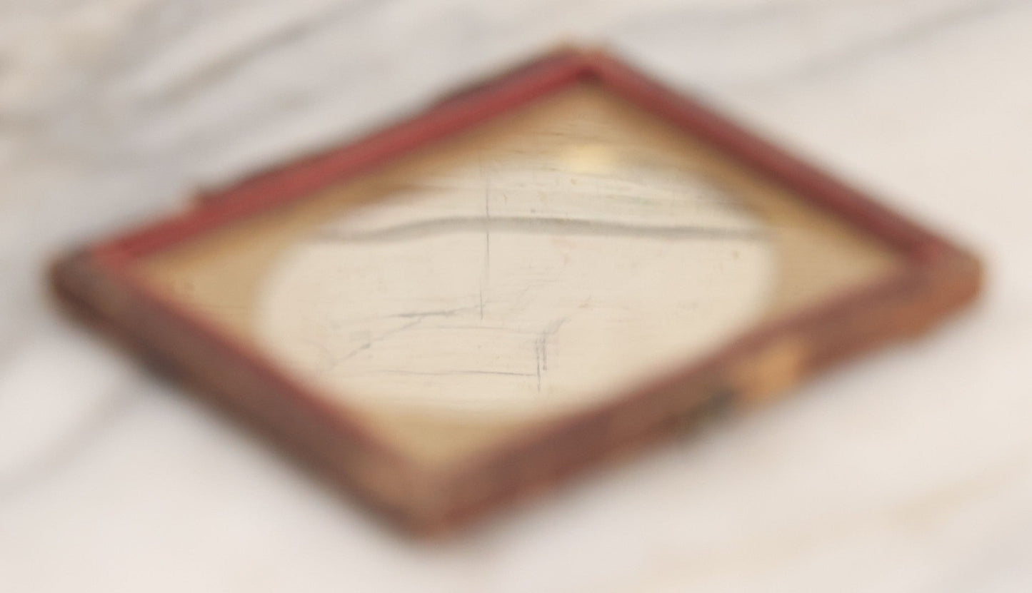 Lot 069 - Antique 1/6th Plate Daguerreotype Photograph Of Young Girl In Plaid Dress With Beaded Handbag Seated Beside A Table With Books In Half Leatherette Case