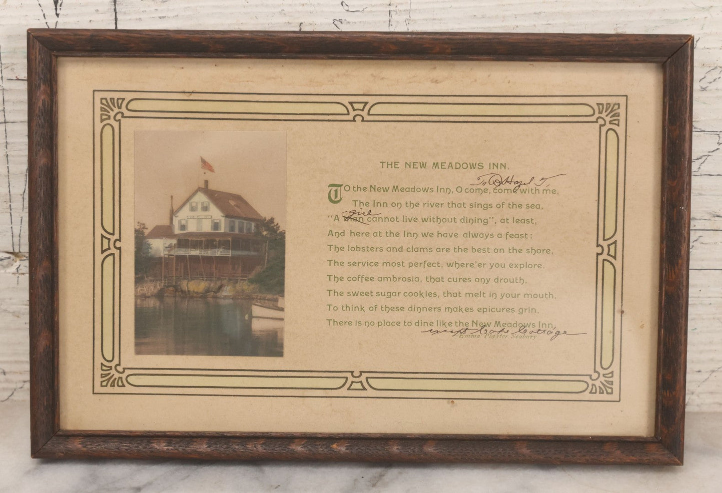 Lot 071 - Antique Framed Advertisement Poem And Photograph For The New Meadows Inn, Bath, Maine, Poem By Emma Playter Seabury, With Handwritten Edits From Previous Owner, Framed At The Quality Art Shop, Pawtucket, Rhode Island, 8-1/2" x 5-1/2"