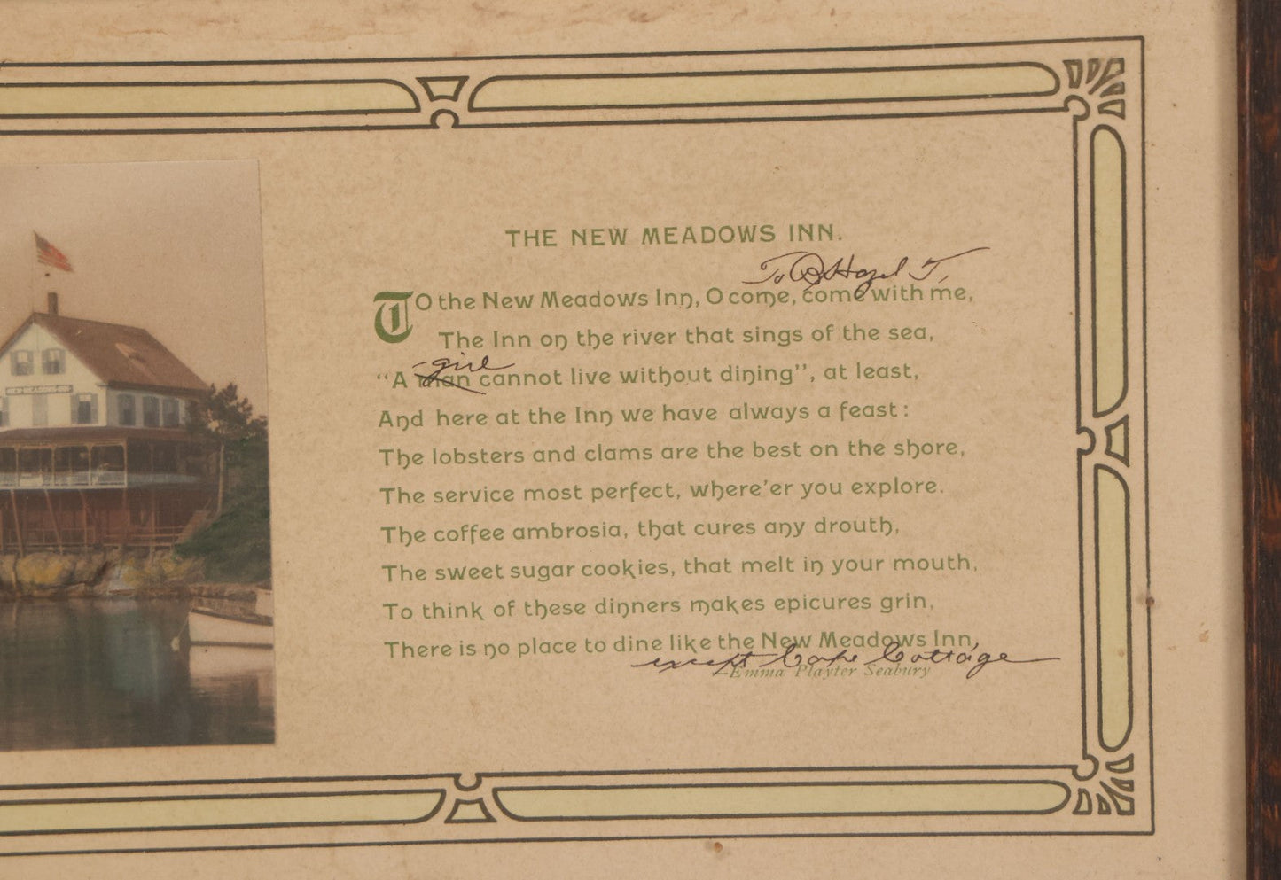 Lot 071 - Antique Framed Advertisement Poem And Photograph For The New Meadows Inn, Bath, Maine, Poem By Emma Playter Seabury, With Handwritten Edits From Previous Owner, Framed At The Quality Art Shop, Pawtucket, Rhode Island, 8-1/2" x 5-1/2"