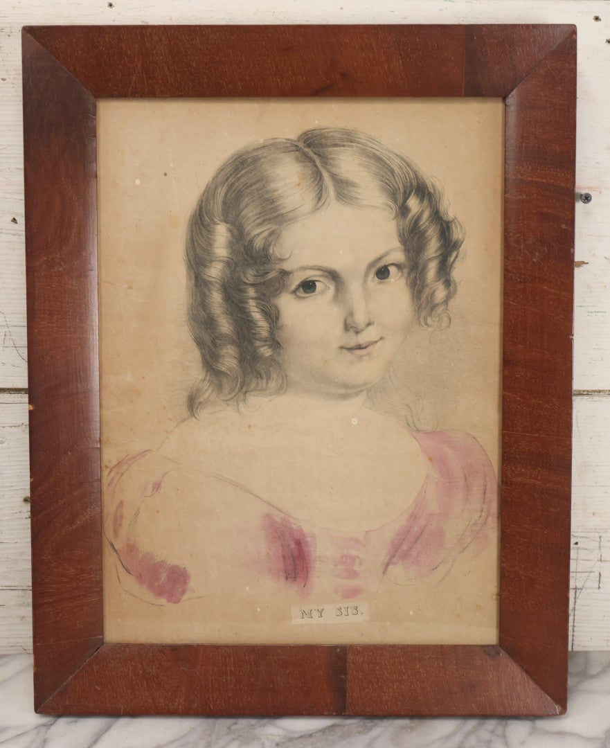 Lot 073 - Antique Hand Colored Lithograph Print Of A Little Girl With Curly Hair, Pink Dress, Captioned "My Sis," In Frame, 15-3/4" x 19-3/8"