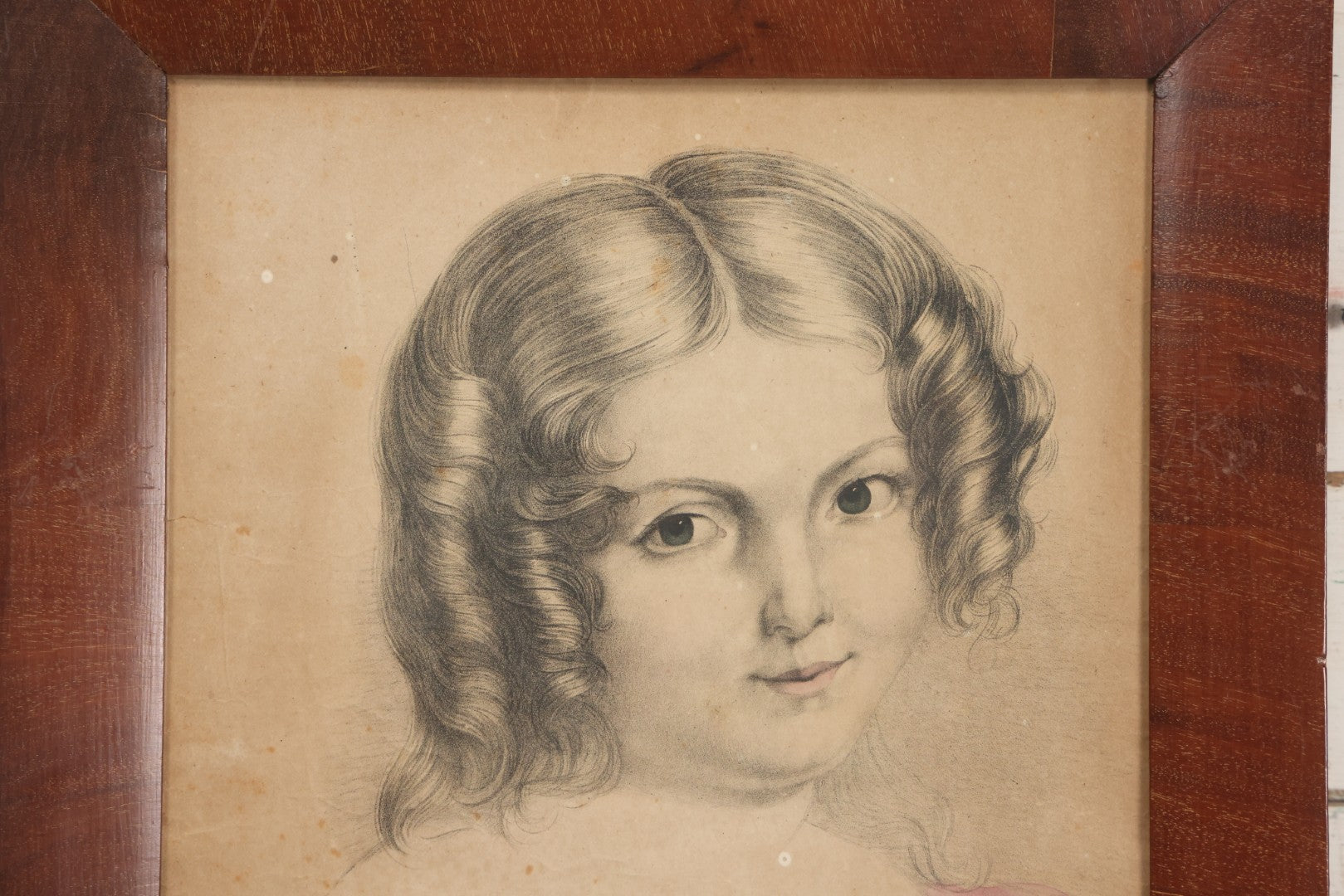 Lot 073 - Antique Hand Colored Lithograph Print Of A Little Girl With Curly Hair, Pink Dress, Captioned "My Sis," In Frame, 15-3/4" x 19-3/8"