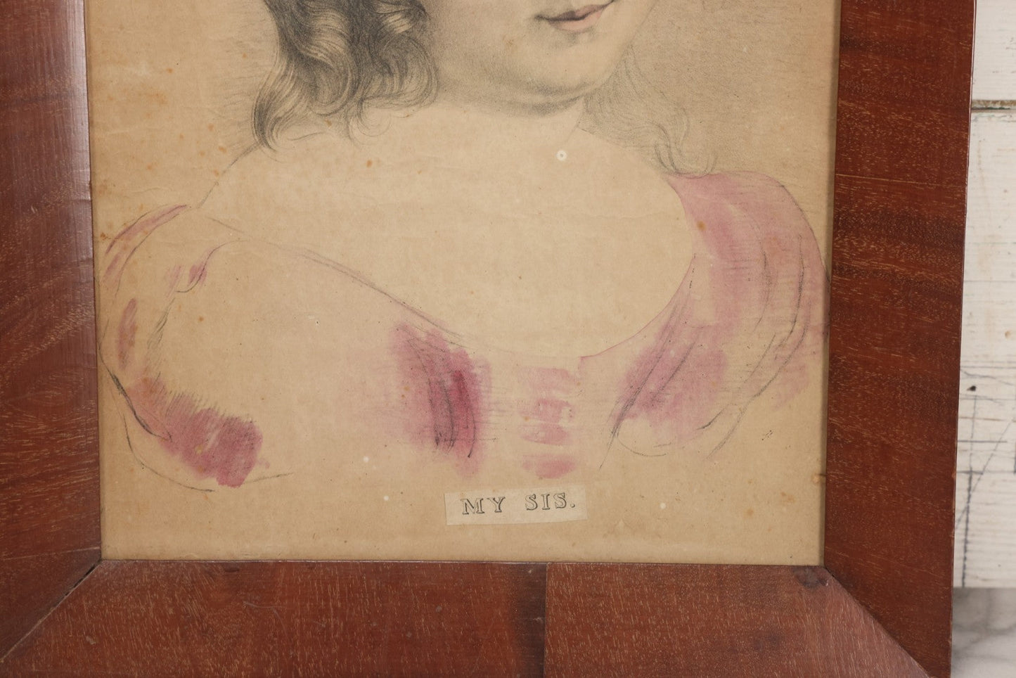 Lot 073 - Antique Hand Colored Lithograph Print Of A Little Girl With Curly Hair, Pink Dress, Captioned "My Sis," In Frame, 15-3/4" x 19-3/8"
