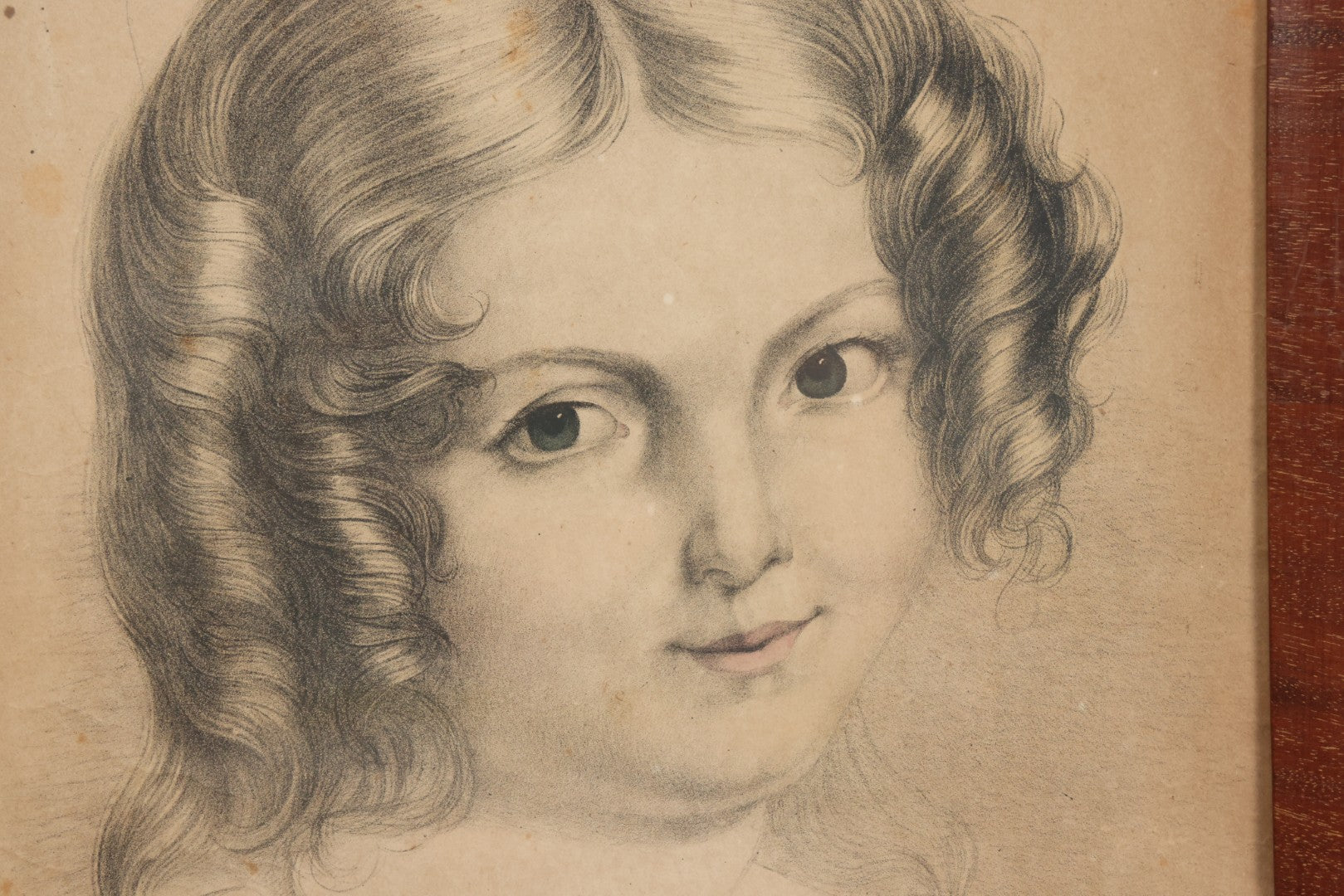 Lot 073 - Antique Hand Colored Lithograph Print Of A Little Girl With Curly Hair, Pink Dress, Captioned "My Sis," In Frame, 15-3/4" x 19-3/8"