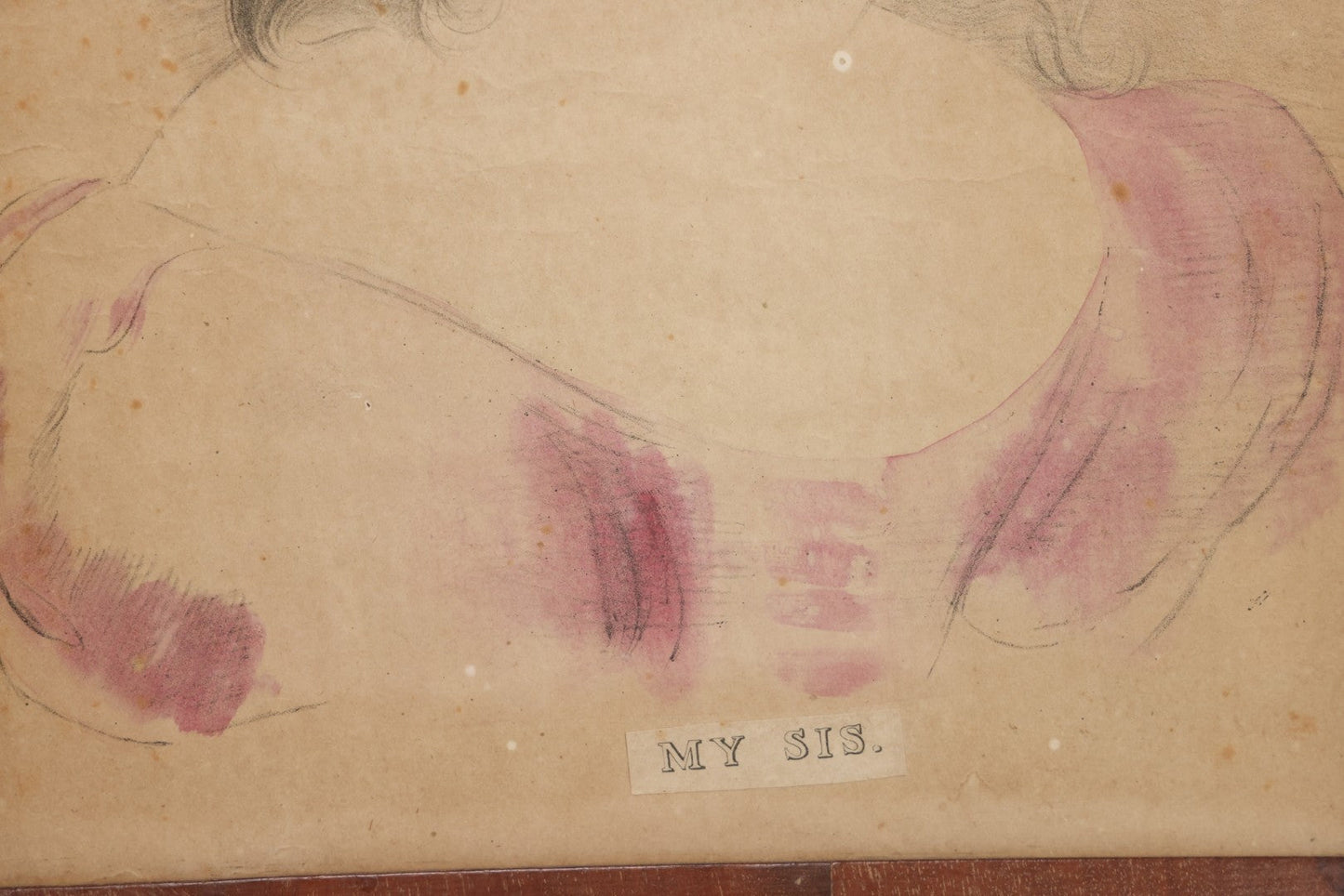 Lot 073 - Antique Hand Colored Lithograph Print Of A Little Girl With Curly Hair, Pink Dress, Captioned "My Sis," In Frame, 15-3/4" x 19-3/8"