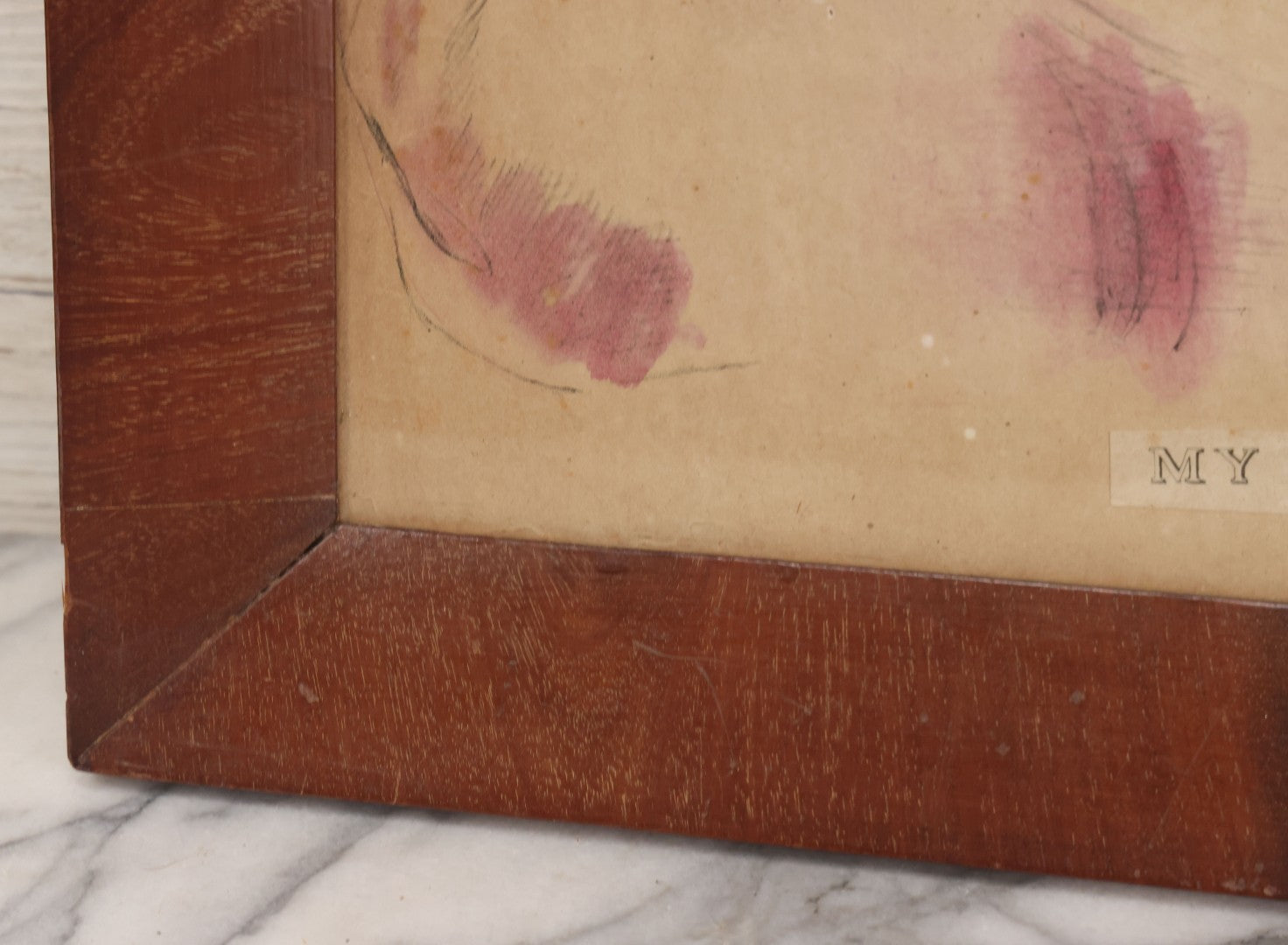 Lot 073 - Antique Hand Colored Lithograph Print Of A Little Girl With Curly Hair, Pink Dress, Captioned "My Sis," In Frame, 15-3/4" x 19-3/8"