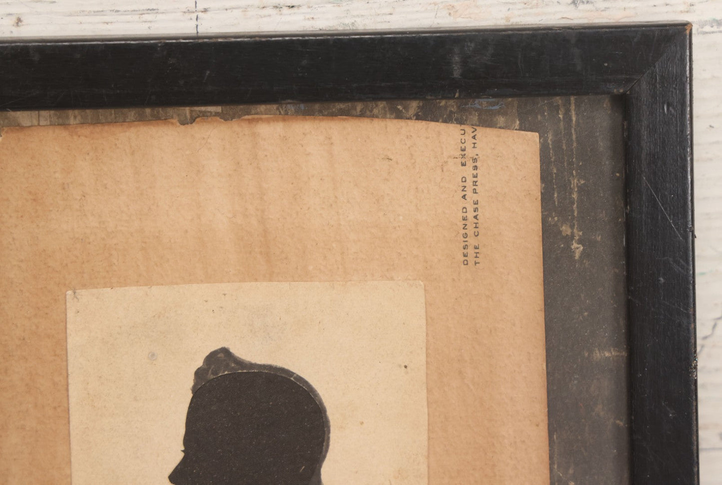 Lot 074 - Antique Hand Cut Velvet Backed Silhouette Of A Man With Pen And Ink Finishing, Mounted To Paper As Found, In Frame, 6-5/8" x 7-3/4"