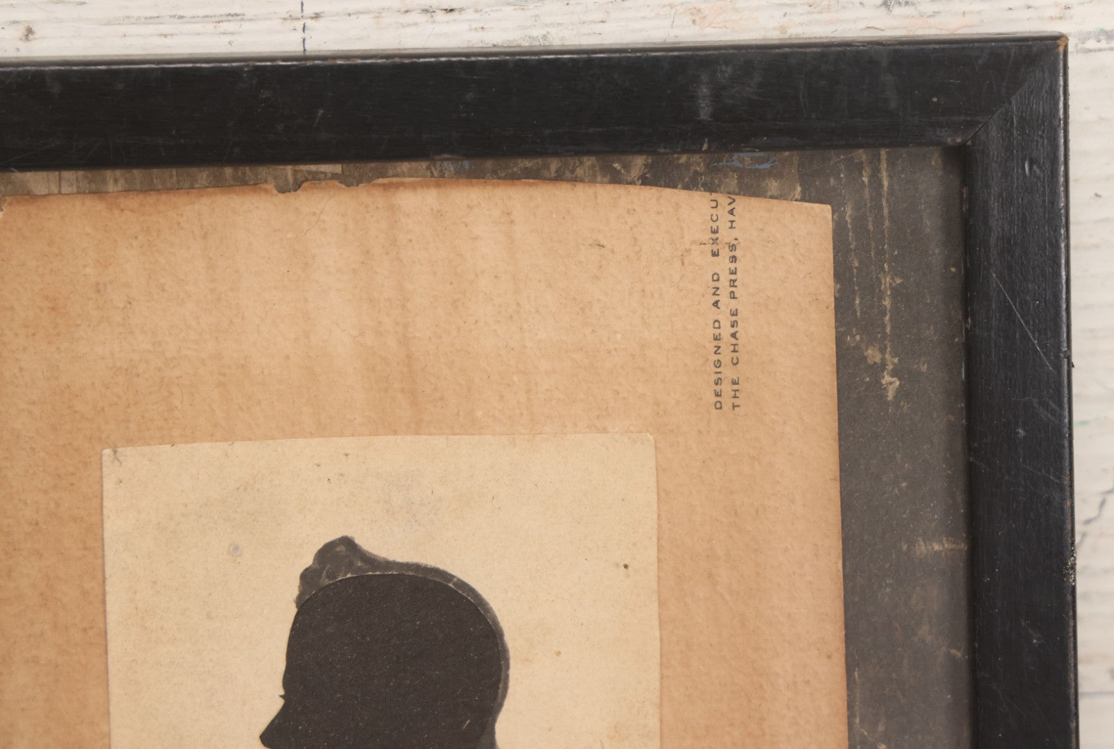 Lot 074 - Antique Hand Cut Velvet Backed Silhouette Of A Man With Pen And Ink Finishing, Mounted To Paper As Found, In Frame, 6-5/8" x 7-3/4"