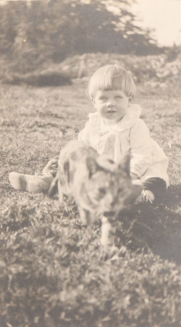 Lot 078 - Antique Snapshot Photograph In Paper Board Frame Of Little Girl Named Gladis With Blond Hair Sitting In Grass With Cat Named Toby, Identified On Verso