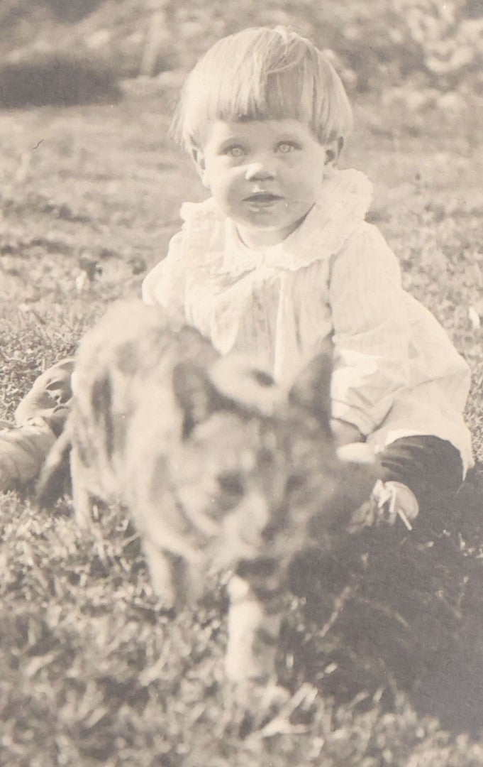 Lot 078 - Antique Snapshot Photograph In Paper Board Frame Of Little Girl Named Gladis With Blond Hair Sitting In Grass With Cat Named Toby, Identified On Verso