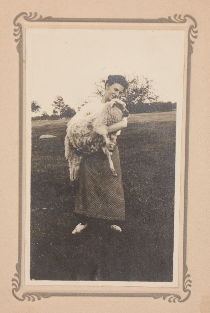Lot 080 - Antique Boarded Photograph Of Woman Holding Fluffy Sheep On Farm