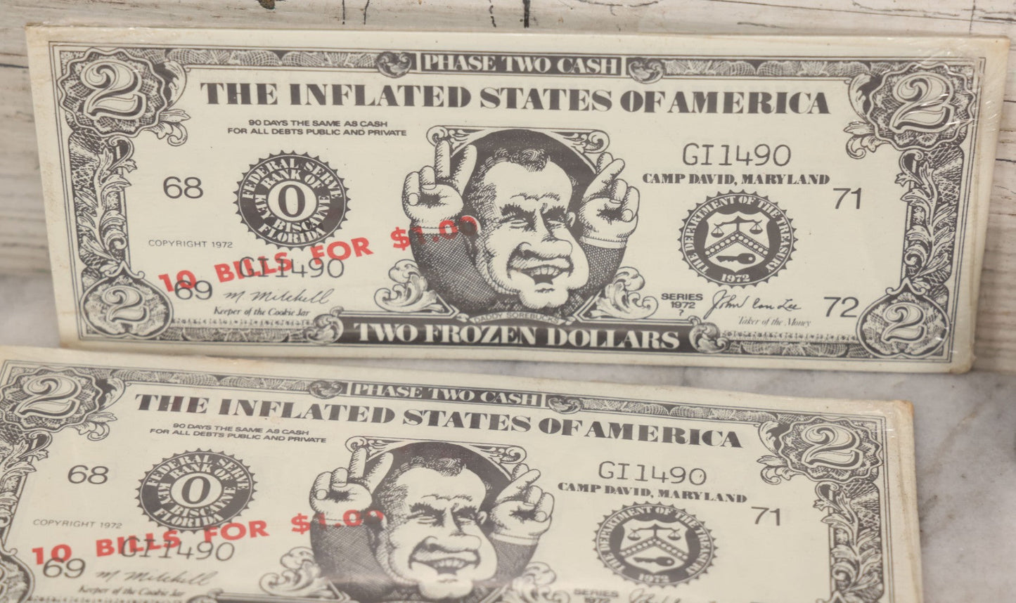 Lot 090 - Miscellaneous Novelties Grouping Including Casper The Friendly Ghost Push Button Puppet, Rusty Sex Pinback Button, Four "Inflated States Of America" Richard Nixon Dollars, Little Tacos 3D View Comic Book, Toy Sports Car, And Tin Fish