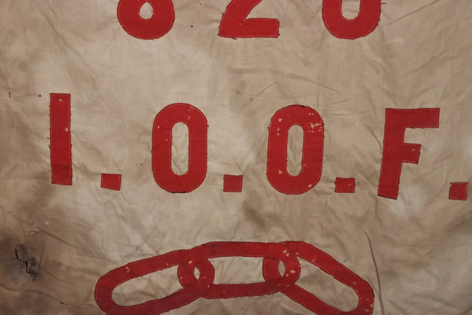 Lot 001 - Antique Odd Fellows I.O.O.F. Bethel Lodge No. 820, Pennsylvania, Hand Stitched Double Sided Banner With Three Links Symbol, Note Heavy Wear