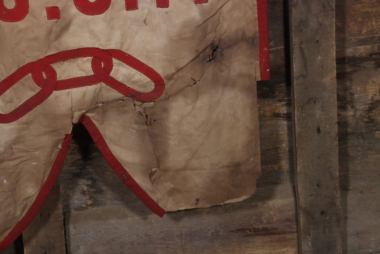 Lot 001 - Antique Odd Fellows I.O.O.F. Bethel Lodge No. 820, Pennsylvania, Hand Stitched Double Sided Banner With Three Links Symbol, Note Heavy Wear