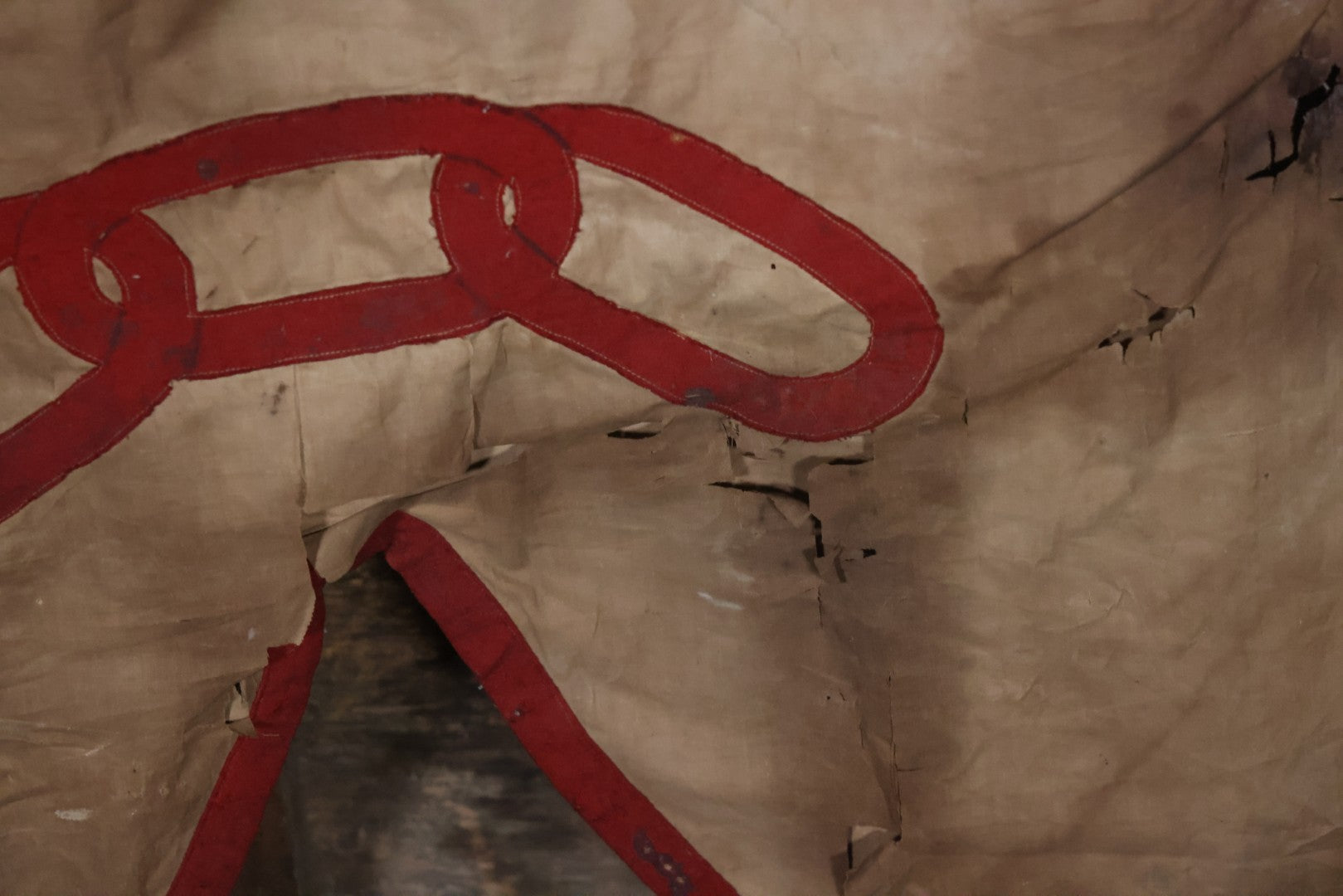 Lot 001 - Antique Odd Fellows I.O.O.F. Bethel Lodge No. 820, Pennsylvania, Hand Stitched Double Sided Banner With Three Links Symbol, Note Heavy Wear