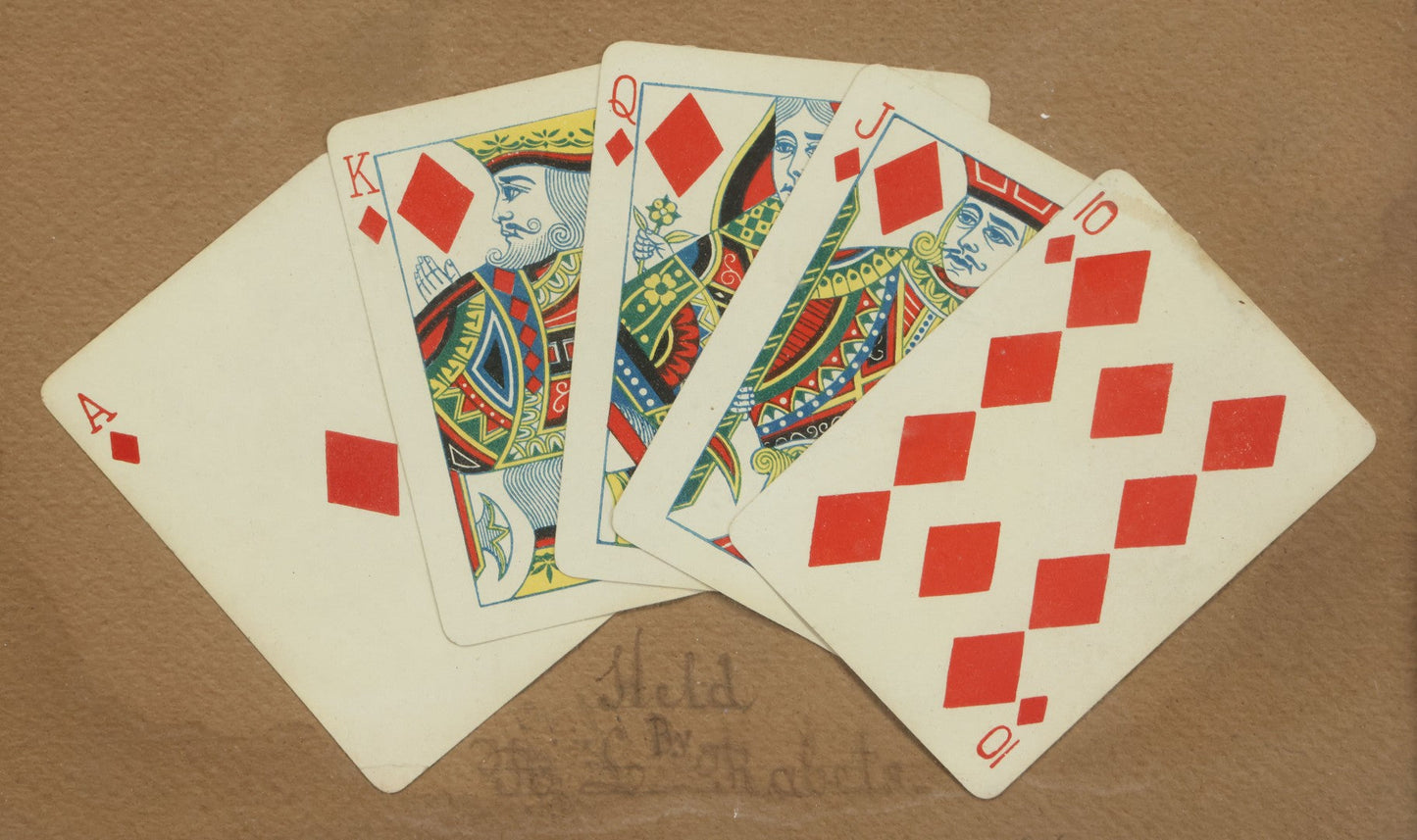 Lot 002 - Antique Royal Straight Flush Poker Card Hand In Frame, Commemorating A Hand Held By R. S. Roberts, Circa Early 20th Century, Original Frame, Note Water Damage And Wear, 12-1/4" x 9-1/4"