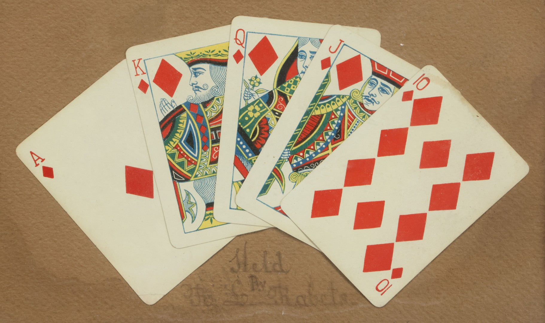 Lot 002 - Antique Royal Straight Flush Poker Card Hand In Frame, Commemorating A Hand Held By R. S. Roberts, Circa Early 20th Century, Original Frame, Note Water Damage And Wear, 12-1/4" x 9-1/4"