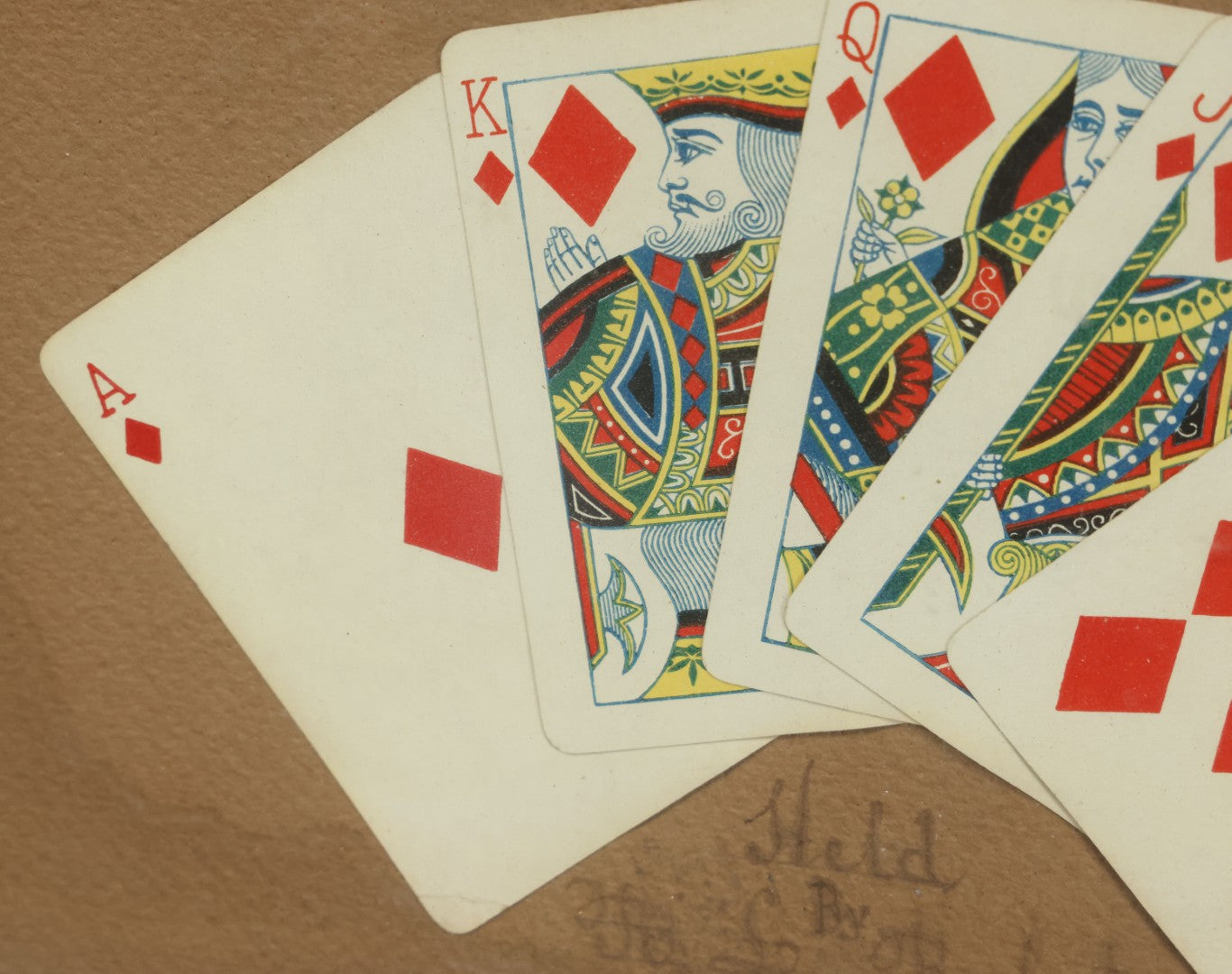 Lot 002 - Antique Royal Straight Flush Poker Card Hand In Frame, Commemorating A Hand Held By R. S. Roberts, Circa Early 20th Century, Original Frame, Note Water Damage And Wear, 12-1/4" x 9-1/4"