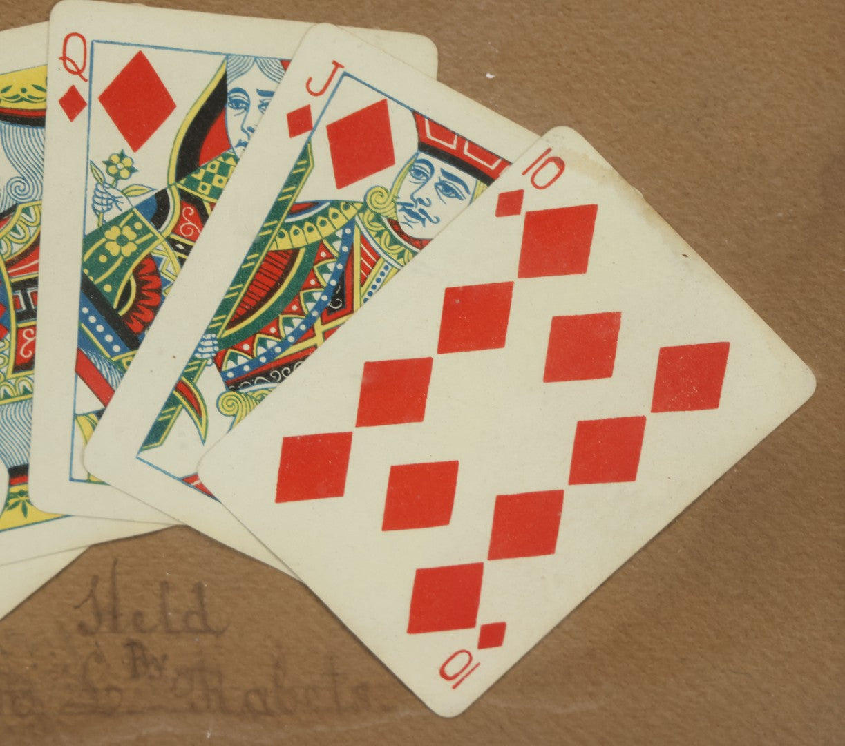 Lot 002 - Antique Royal Straight Flush Poker Card Hand In Frame, Commemorating A Hand Held By R. S. Roberts, Circa Early 20th Century, Original Frame, Note Water Damage And Wear, 12-1/4" x 9-1/4"