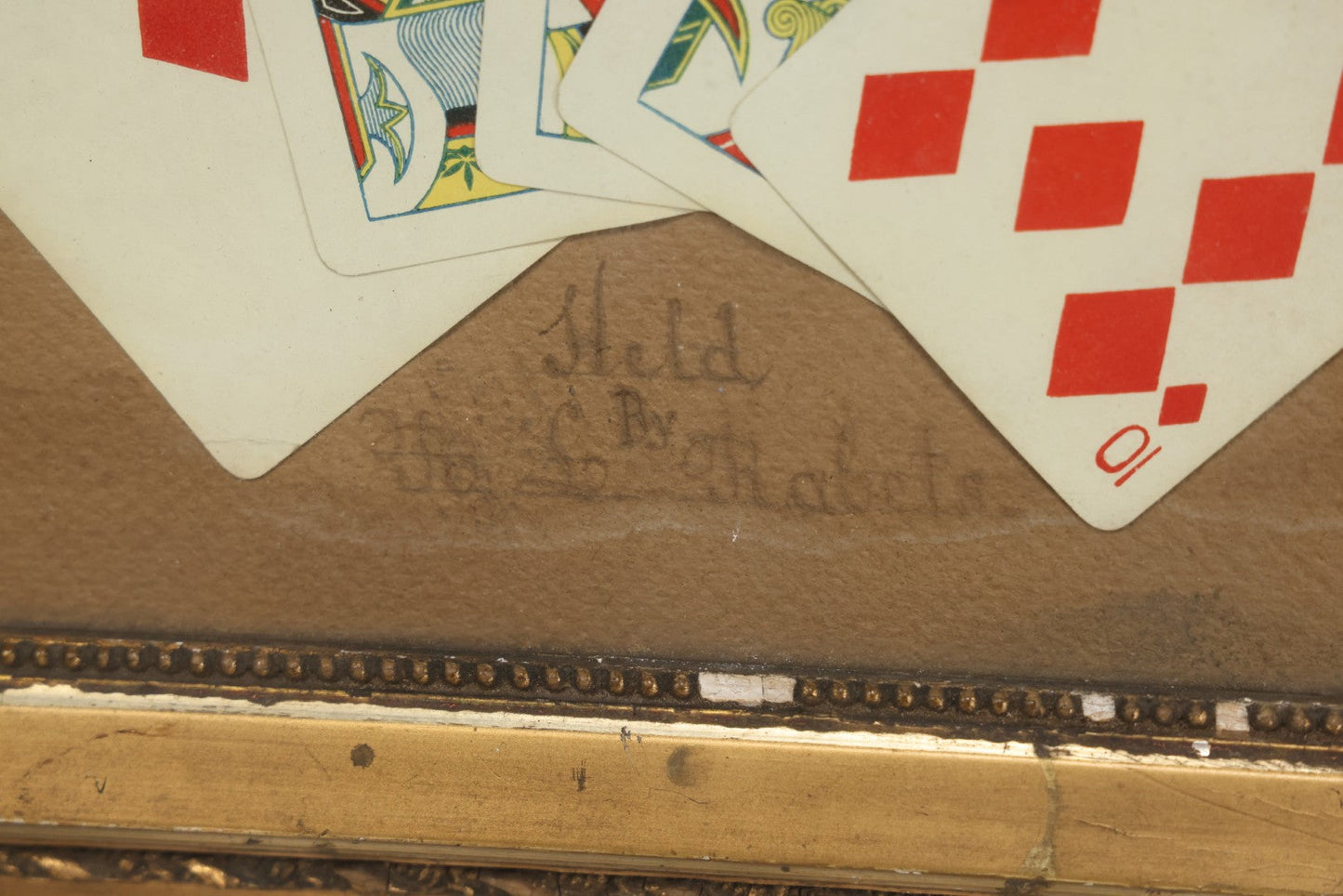 Lot 002 - Antique Royal Straight Flush Poker Card Hand In Frame, Commemorating A Hand Held By R. S. Roberts, Circa Early 20th Century, Original Frame, Note Water Damage And Wear, 12-1/4" x 9-1/4"