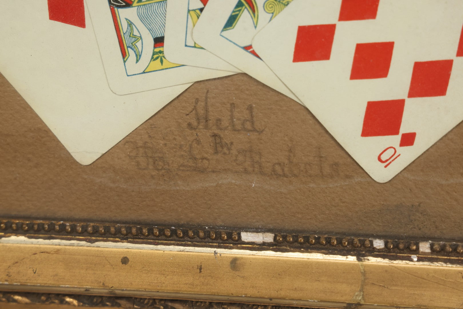 Lot 002 - Antique Royal Straight Flush Poker Card Hand In Frame, Commemorating A Hand Held By R. S. Roberts, Circa Early 20th Century, Original Frame, Note Water Damage And Wear, 12-1/4" x 9-1/4"