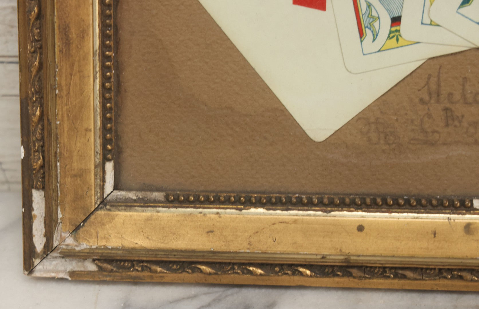 Lot 002 - Antique Royal Straight Flush Poker Card Hand In Frame, Commemorating A Hand Held By R. S. Roberts, Circa Early 20th Century, Original Frame, Note Water Damage And Wear, 12-1/4" x 9-1/4"
