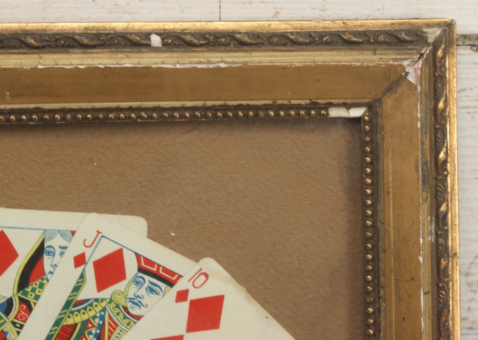 Lot 002 - Antique Royal Straight Flush Poker Card Hand In Frame, Commemorating A Hand Held By R. S. Roberts, Circa Early 20th Century, Original Frame, Note Water Damage And Wear, 12-1/4" x 9-1/4"