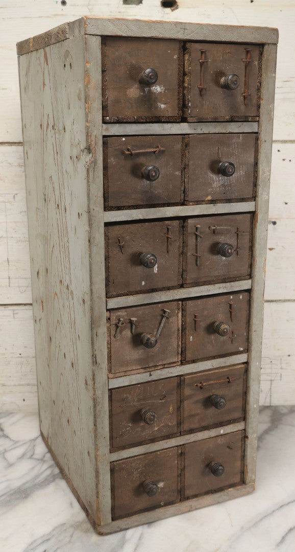 Lot 003 - Antique Make-Do 12-Drawer Nail And Hardware Bin With Drawers Made Out Of Old Cheese Boxes With Wooden Knobs, Many Drawers Divided, With Identifying Sample Nails Stapled To Front, Empty