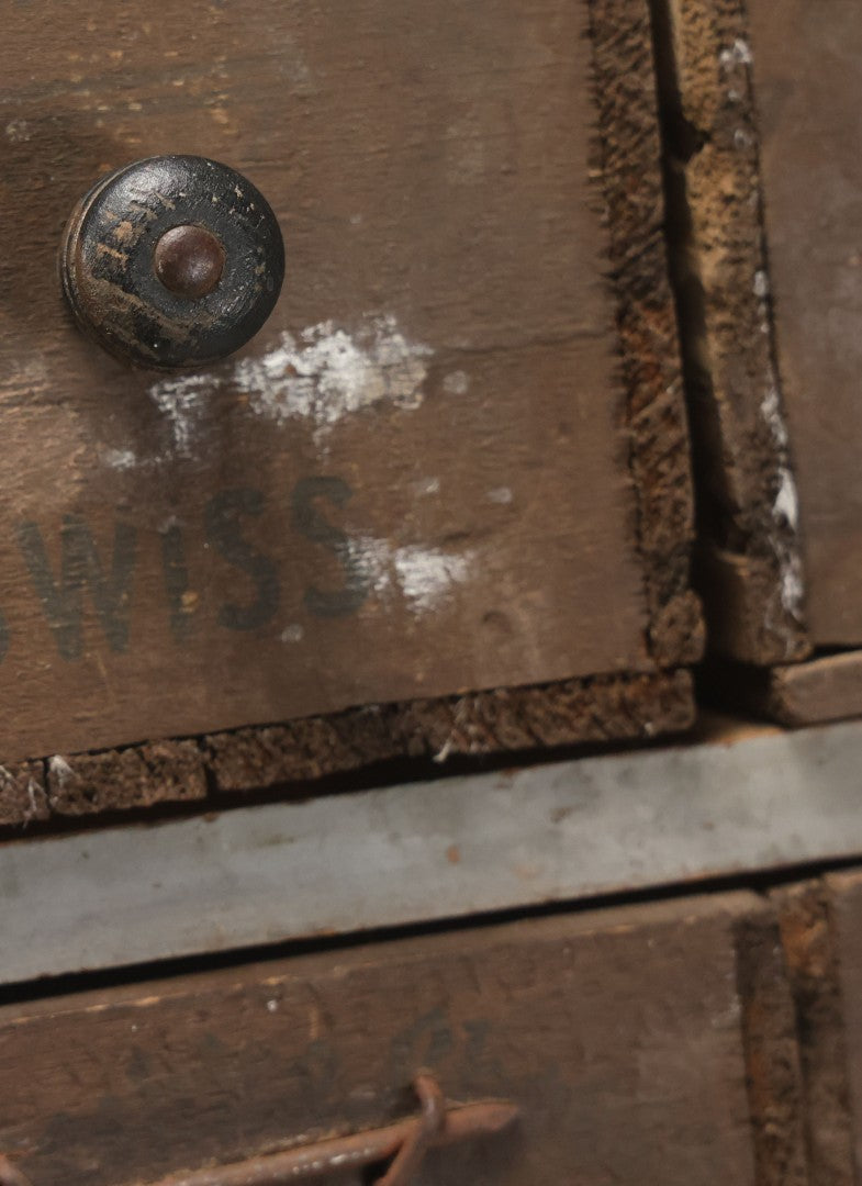 Lot 003 - Antique Make-Do 12-Drawer Nail And Hardware Bin With Drawers Made Out Of Old Cheese Boxes With Wooden Knobs, Many Drawers Divided, With Identifying Sample Nails Stapled To Front, Empty