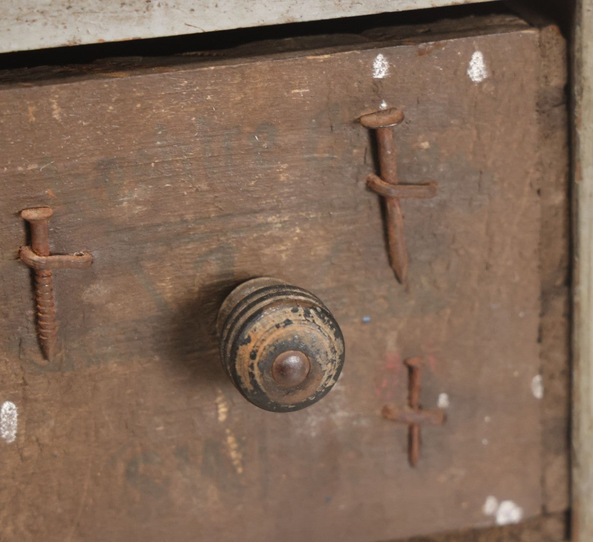 Lot 003 - Antique Make-Do 12-Drawer Nail And Hardware Bin With Drawers Made Out Of Old Cheese Boxes With Wooden Knobs, Many Drawers Divided, With Identifying Sample Nails Stapled To Front, Empty
