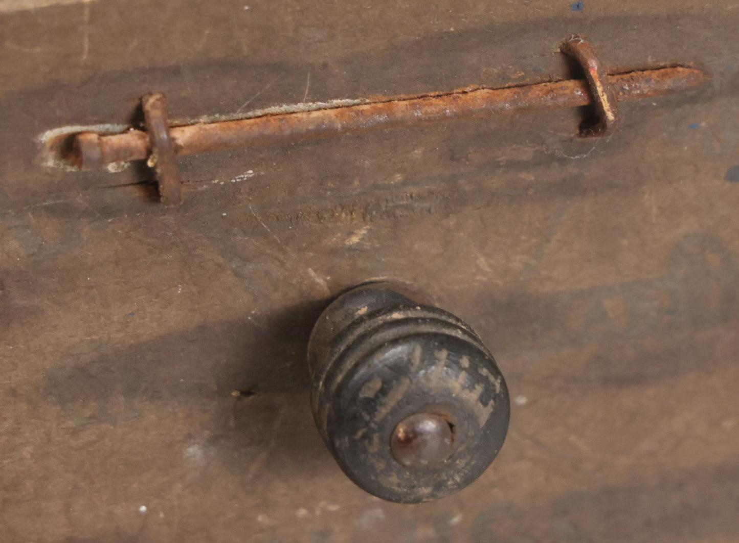 Lot 003 - Antique Make-Do 12-Drawer Nail And Hardware Bin With Drawers Made Out Of Old Cheese Boxes With Wooden Knobs, Many Drawers Divided, With Identifying Sample Nails Stapled To Front, Empty
