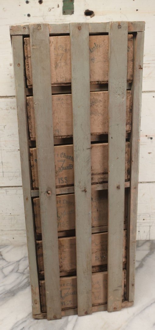 Lot 003 - Antique Make-Do 12-Drawer Nail And Hardware Bin With Drawers Made Out Of Old Cheese Boxes With Wooden Knobs, Many Drawers Divided, With Identifying Sample Nails Stapled To Front, Empty