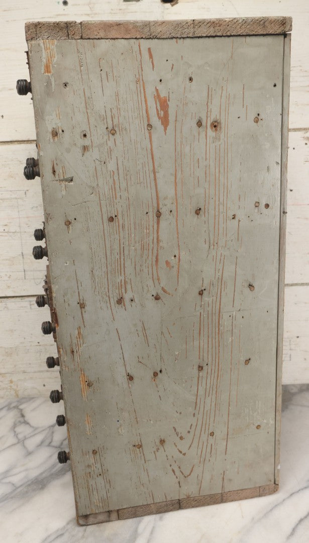 Lot 003 - Antique Make-Do 12-Drawer Nail And Hardware Bin With Drawers Made Out Of Old Cheese Boxes With Wooden Knobs, Many Drawers Divided, With Identifying Sample Nails Stapled To Front, Empty