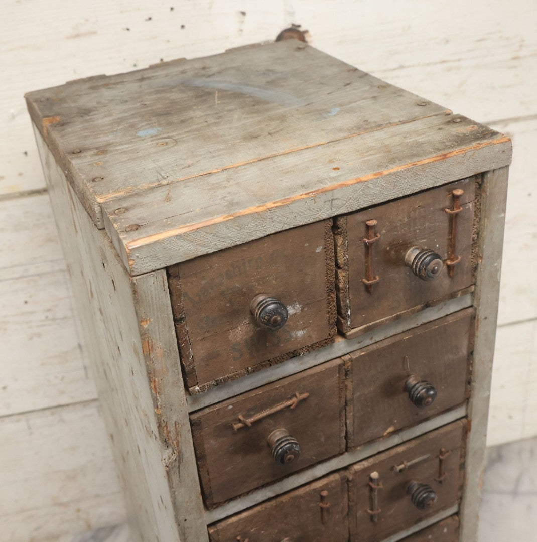 Lot 003 - Antique Make-Do 12-Drawer Nail And Hardware Bin With Drawers Made Out Of Old Cheese Boxes With Wooden Knobs, Many Drawers Divided, With Identifying Sample Nails Stapled To Front, Empty