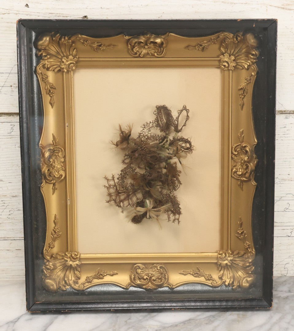 Lot 005 - Antique Victorian Hair Work Flower In Double Frame Shadow Box With Blond, Brown, And Gray Hair, Note Not Original Frame 11-1/2" x 13-3/8"