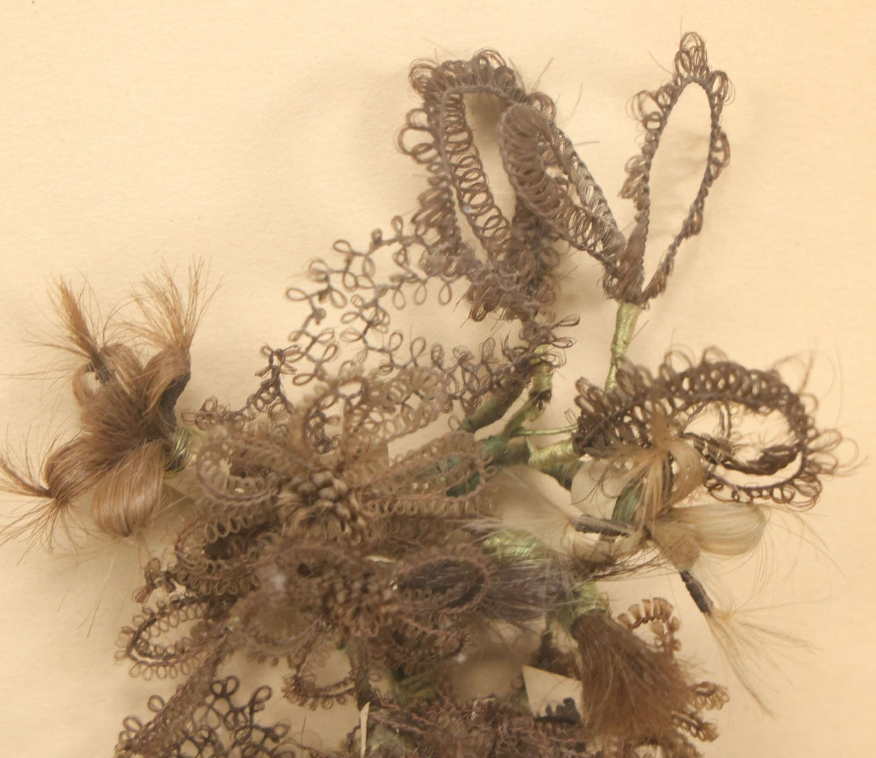 Lot 005 - Antique Victorian Hair Work Flower In Double Frame Shadow Box With Blond, Brown, And Gray Hair, Note Not Original Frame 11-1/2" x 13-3/8"