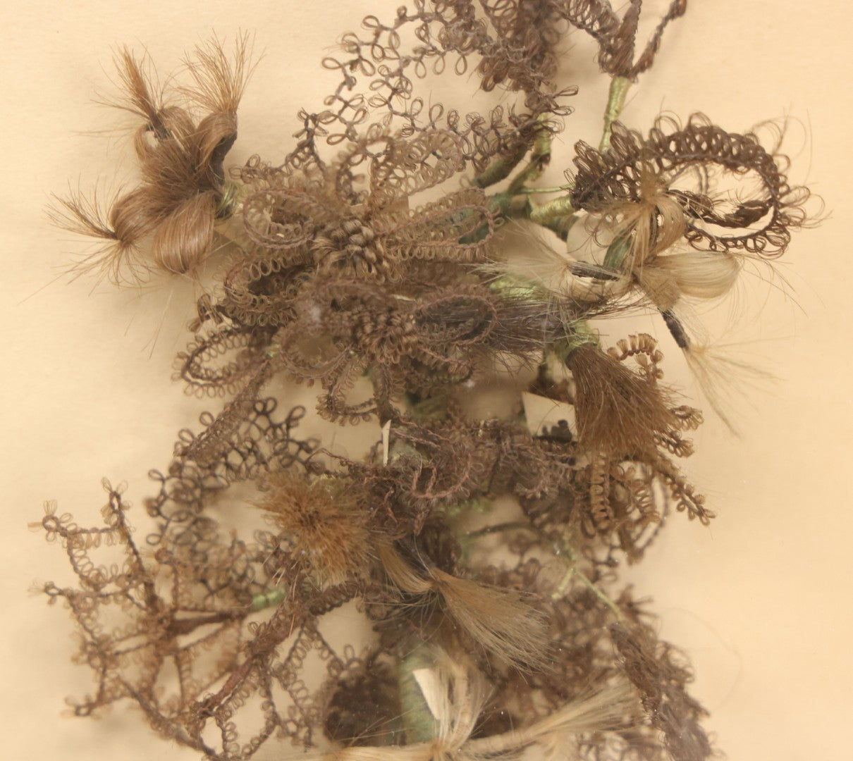 Lot 005 - Antique Victorian Hair Work Flower In Double Frame Shadow Box With Blond, Brown, And Gray Hair, Note Not Original Frame 11-1/2" x 13-3/8"