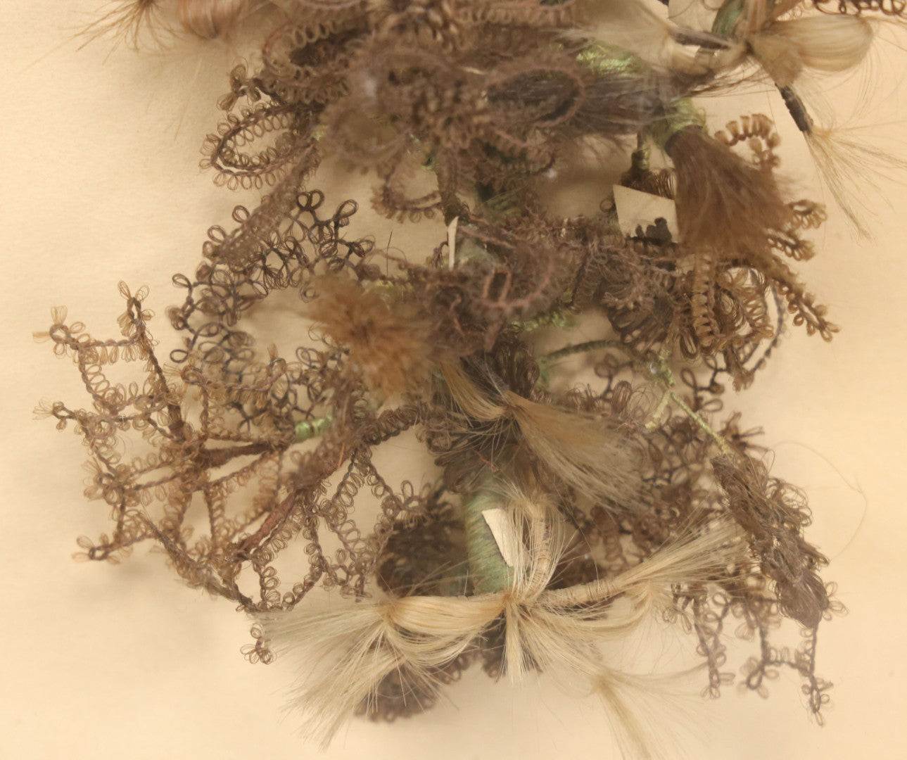 Lot 005 - Antique Victorian Hair Work Flower In Double Frame Shadow Box With Blond, Brown, And Gray Hair, Note Not Original Frame 11-1/2" x 13-3/8"