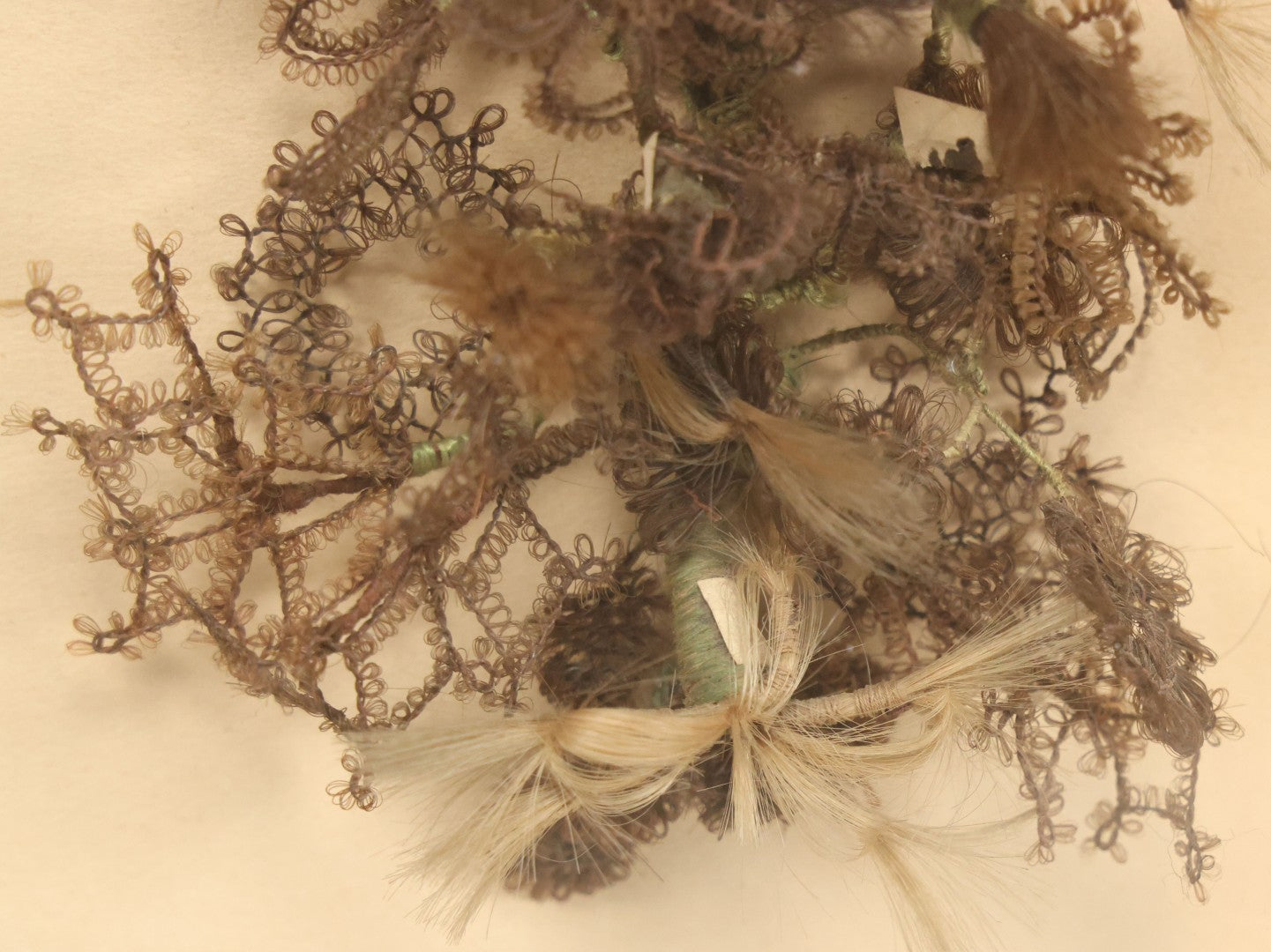 Lot 005 - Antique Victorian Hair Work Flower In Double Frame Shadow Box With Blond, Brown, And Gray Hair, Note Not Original Frame 11-1/2" x 13-3/8"