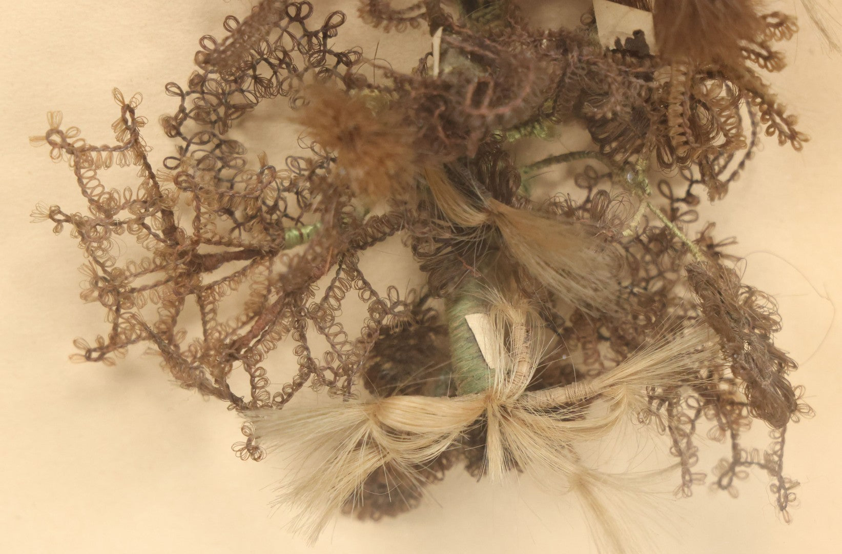 Lot 005 - Antique Victorian Hair Work Flower In Double Frame Shadow Box With Blond, Brown, And Gray Hair, Note Not Original Frame 11-1/2" x 13-3/8"