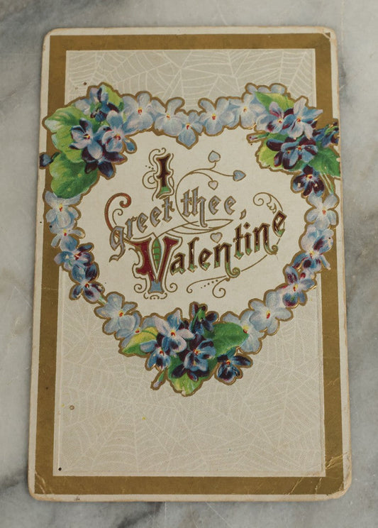Lot 099 - Antique Embossed Valentines Postcard With Spider Web Design, "I Greet Thee, Valentine" Postmarked 1911