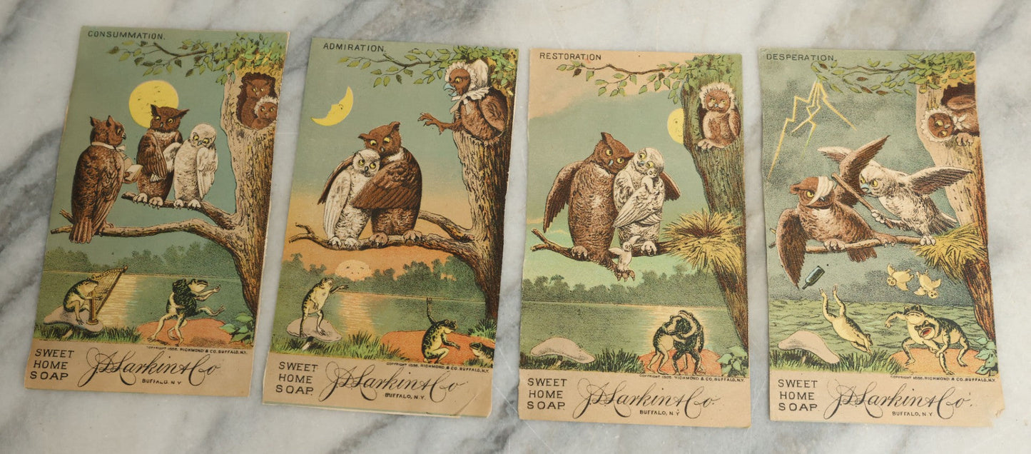 Lot 100 - Series Of Four Antique Lithograph Trade Cards Featuring Owls And Frogs Advertising J.S. Larkin & Co. Sweet Home Soap, Buffalo, New York, Copyright 1886, Richmond & Co., Including Consummation, Admiration, Restoration, And Desperation