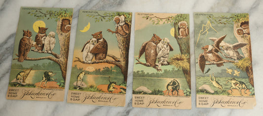 Lot 100 - Series Of Four Antique Lithograph Trade Cards Featuring Owls And Frogs Advertising J.S. Larkin & Co. Sweet Home Soap, Buffalo, New York, Copyright 1886, Richmond & Co., Including Consummation, Admiration, Restoration, And Desperation