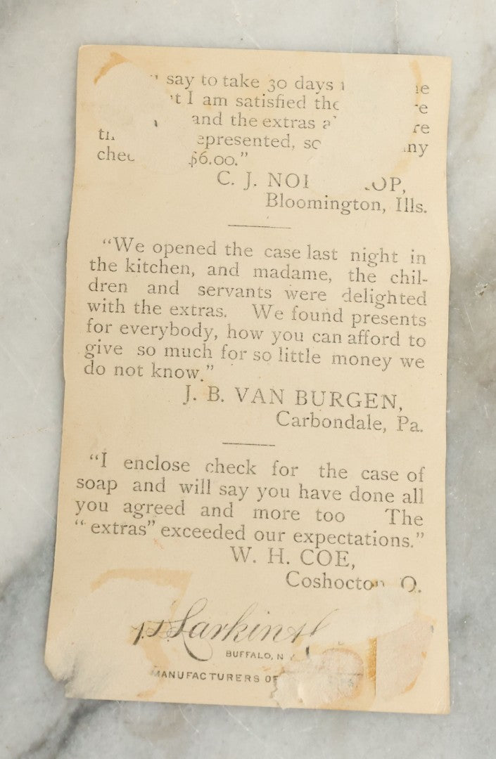 Lot 100 - Series Of Four Antique Lithograph Trade Cards Featuring Owls And Frogs Advertising J.S. Larkin & Co. Sweet Home Soap, Buffalo, New York, Copyright 1886, Richmond & Co., Including Consummation, Admiration, Restoration, And Desperation