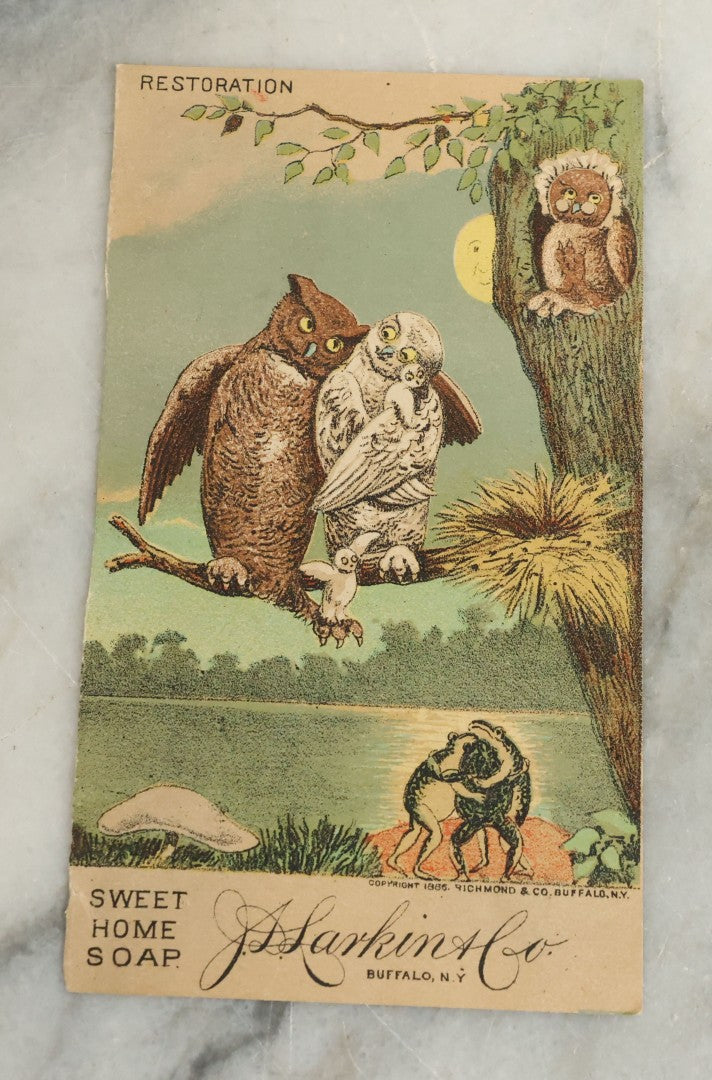 Lot 100 - Series Of Four Antique Lithograph Trade Cards Featuring Owls And Frogs Advertising J.S. Larkin & Co. Sweet Home Soap, Buffalo, New York, Copyright 1886, Richmond & Co., Including Consummation, Admiration, Restoration, And Desperation