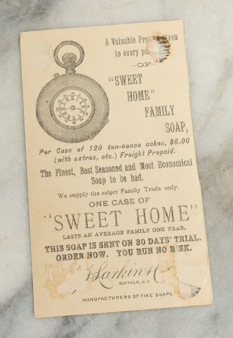 Lot 100 - Series Of Four Antique Lithograph Trade Cards Featuring Owls And Frogs Advertising J.S. Larkin & Co. Sweet Home Soap, Buffalo, New York, Copyright 1886, Richmond & Co., Including Consummation, Admiration, Restoration, And Desperation