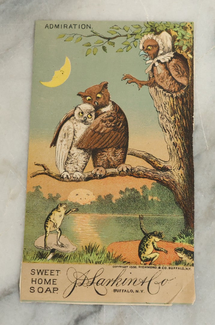Lot 100 - Series Of Four Antique Lithograph Trade Cards Featuring Owls And Frogs Advertising J.S. Larkin & Co. Sweet Home Soap, Buffalo, New York, Copyright 1886, Richmond & Co., Including Consummation, Admiration, Restoration, And Desperation