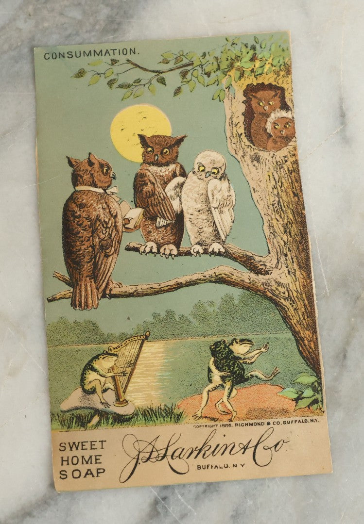 Lot 100 - Series Of Four Antique Lithograph Trade Cards Featuring Owls And Frogs Advertising J.S. Larkin & Co. Sweet Home Soap, Buffalo, New York, Copyright 1886, Richmond & Co., Including Consummation, Admiration, Restoration, And Desperation
