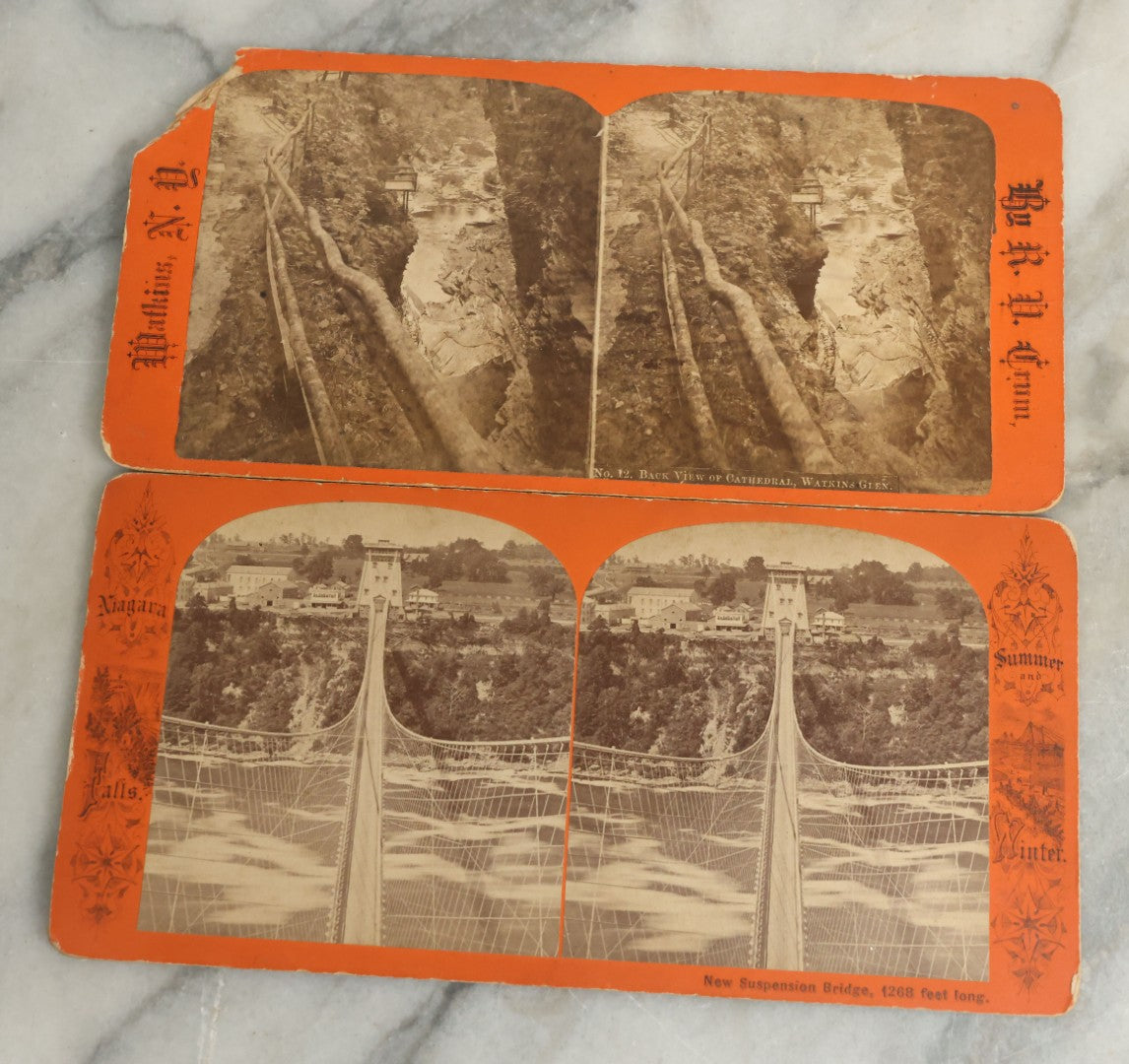 Lot 102 - Grouping Of Twelve Antique Stereo-Optic Stereo View Photograph Cards Including Guardian Angel Ghost Card, World's Fair Chicago, Rear Admiral Dewey, And Many From Watkins Glen And Niagara Falls