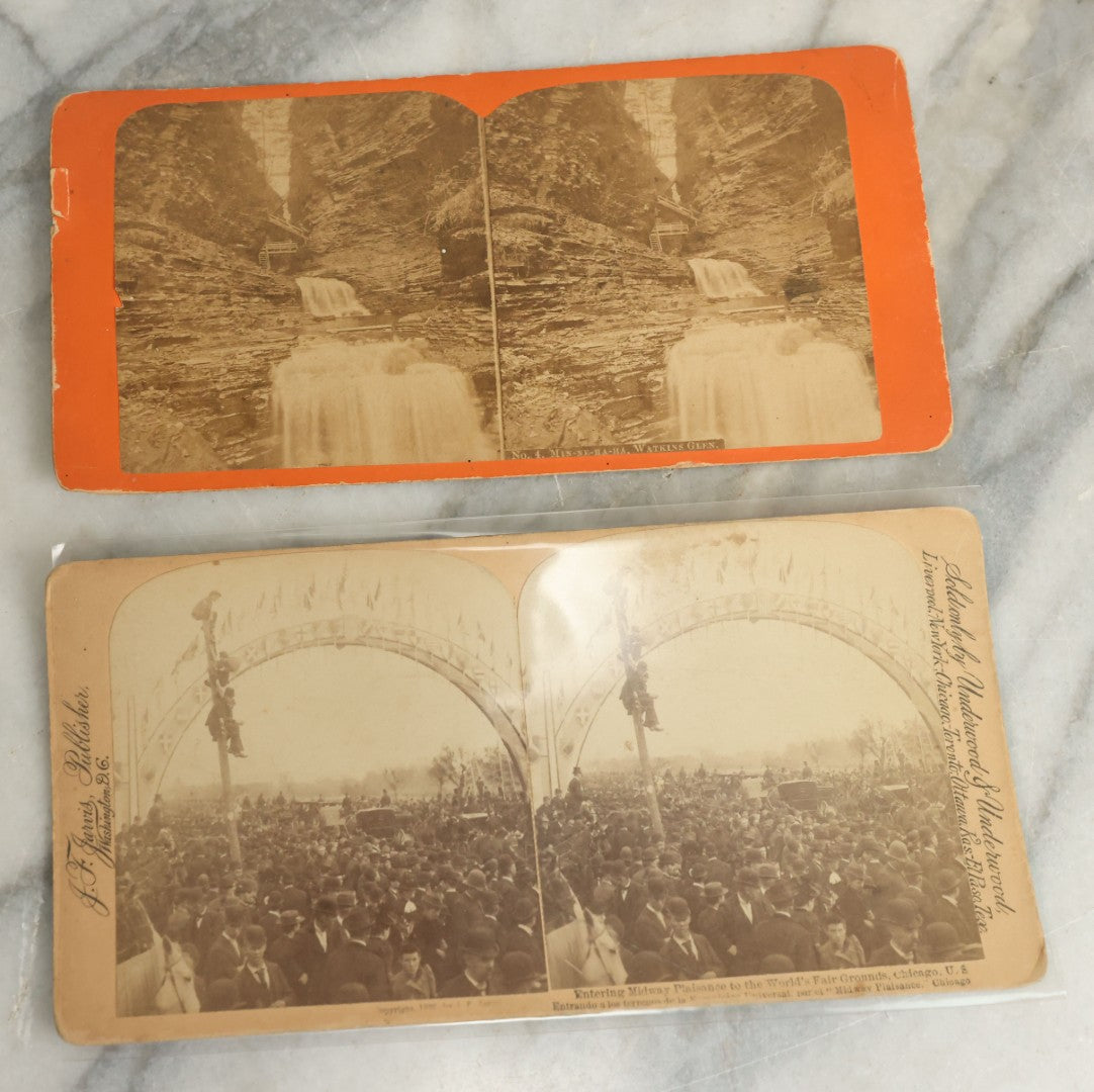 Lot 102 - Grouping Of Twelve Antique Stereo-Optic Stereo View Photograph Cards Including Guardian Angel Ghost Card, World's Fair Chicago, Rear Admiral Dewey, And Many From Watkins Glen And Niagara Falls