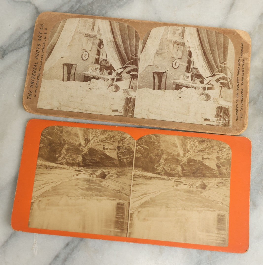 Lot 102 - Grouping Of Twelve Antique Stereo-Optic Stereo View Photograph Cards Including Guardian Angel Ghost Card, World's Fair Chicago, Rear Admiral Dewey, And Many From Watkins Glen And Niagara Falls